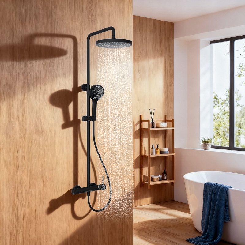 3-Function 10-Inch Rain Shower System With Handheld And Bathtub Waterfall Spout, Matte Black