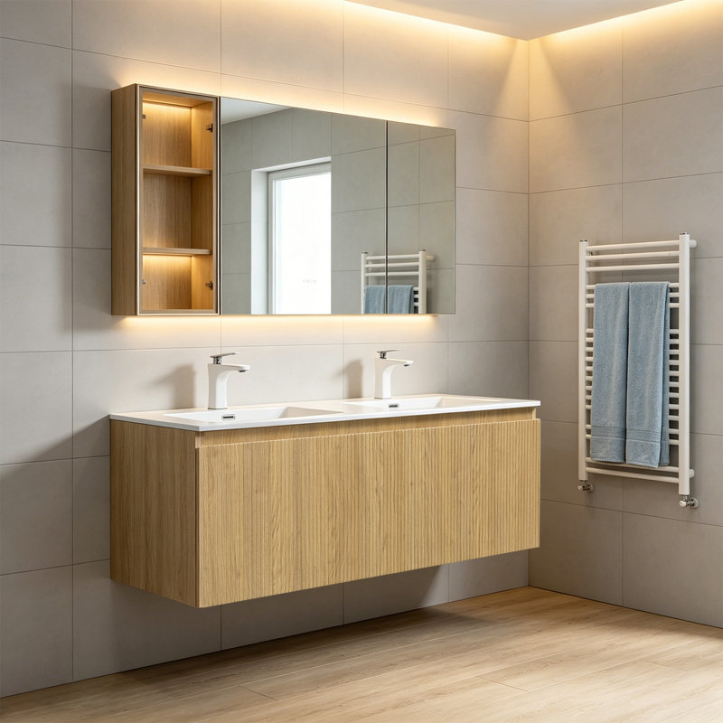 Double meuble-lavabo mural 48 po avec lavabo en résine blanche intégrée