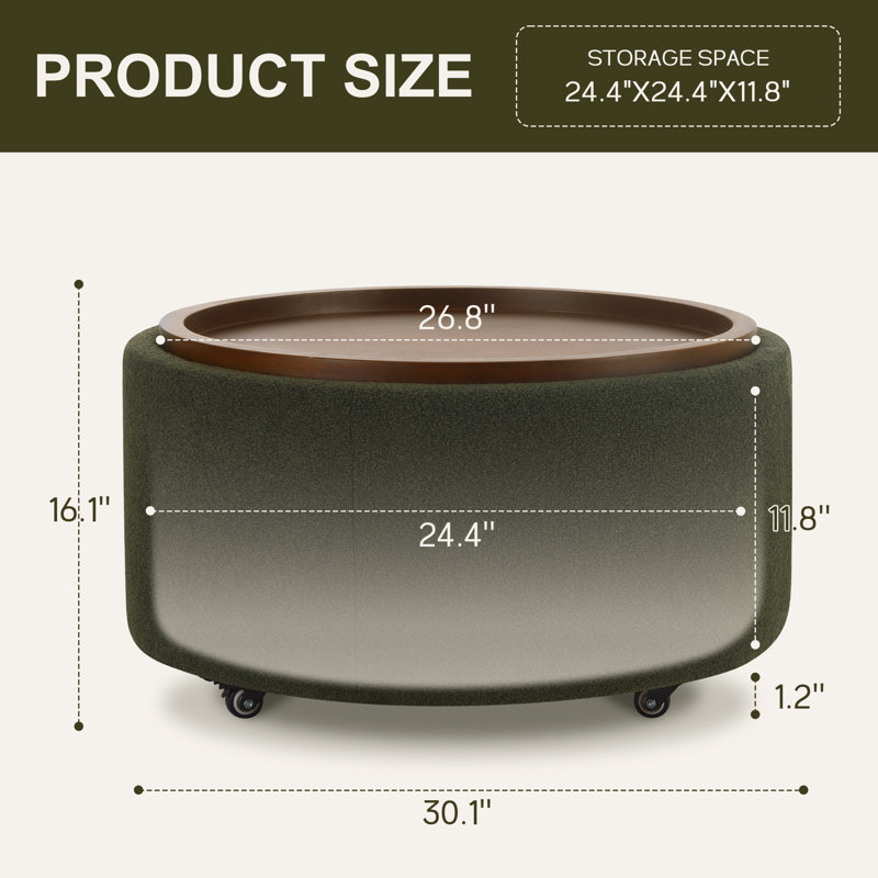 Repose-pieds pivotant avec rangement en bois et plateau en bois l 30,1 po Caysey, Vert