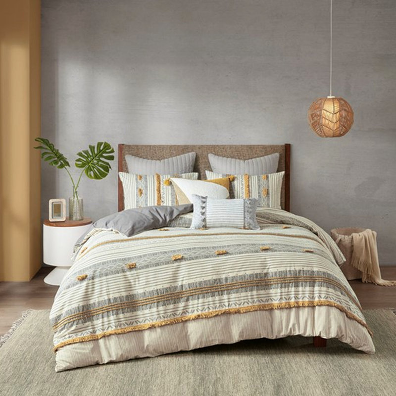 Housse de couette 100% coton pour très grand / très grand avec attaches de coin à rayures grises / jaunes, imprimé gris-jaune