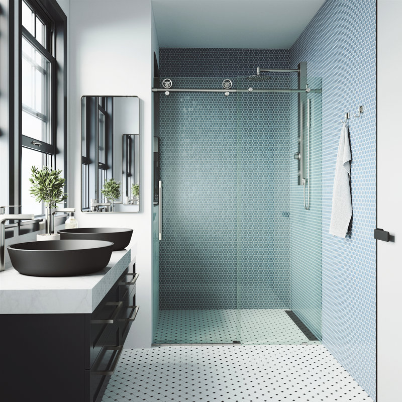 Cass 56-60" W x 76" H Sliding Frameless Shower Door with 3/8" Clear Glass, Stainless Steel