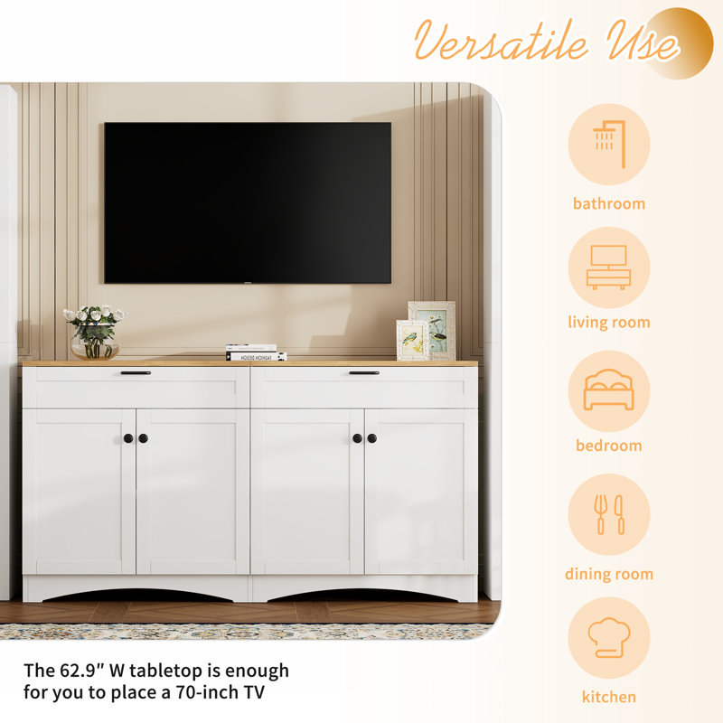 Rustic Two-Tone 63" TV Stand With Adjustable Shelves, Drawers & Multi-Use Storage, White
