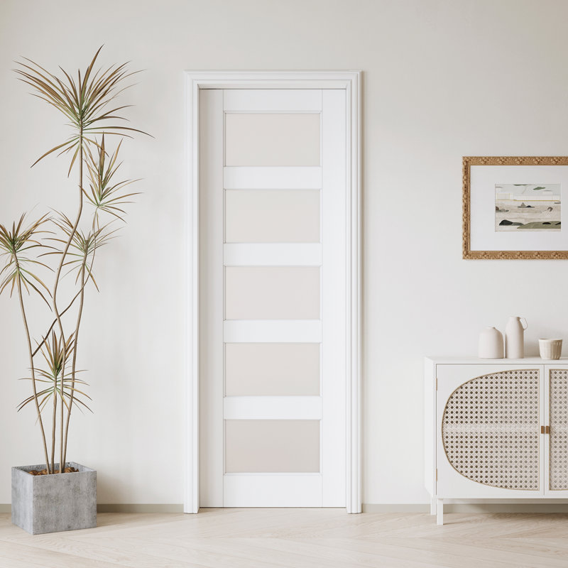 Frosted Glass 5-Lite Sliding Pocket Door White Standard Door with Hardware Kit Set, 32" x 96", 1
