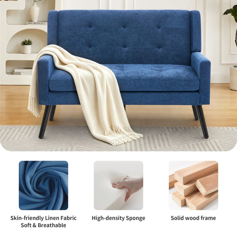 Canapé 47 po Mid-Century, Mélange de lin bleu
