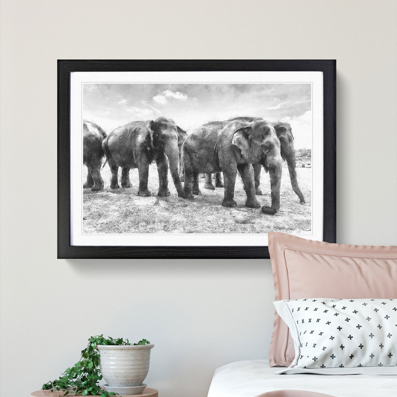 Elephants in Sri Lanka - Framed Print, 45cm H x 63cm W x 2cm D, Black Framed