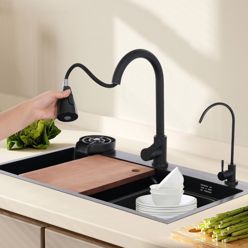 Stainless Steel Multifunction Kitchen Sink With Faucet, Black
