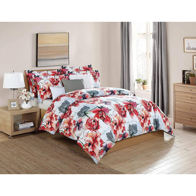 Siena Cotton Flannel Floral Comforter, Queen Comforter + 2 Pillowcases