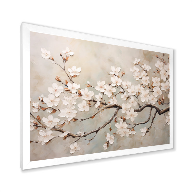 Minimalisme blanc et gris Cherry Blossom III - art mural Cherry Blossom, H 30 po x l 40 po x P 1,5 po, Cadre blanc