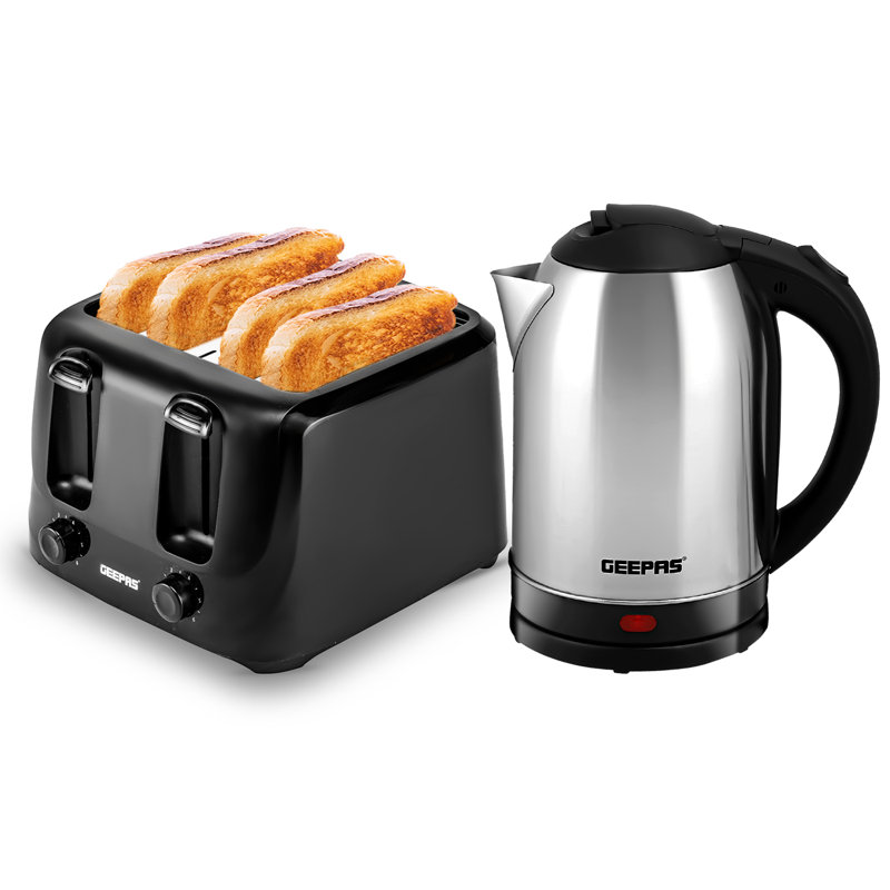 GEEPAS 1.8L Kettle & 4 Slice Bread Toaster Kitchen Set | 1500W Stainless Steel Cordless Jug Kettle Boil Dry Protection & Auto Shut Off | 1400W Toastie Machine 6 Browning Level Removable Crumb Tray