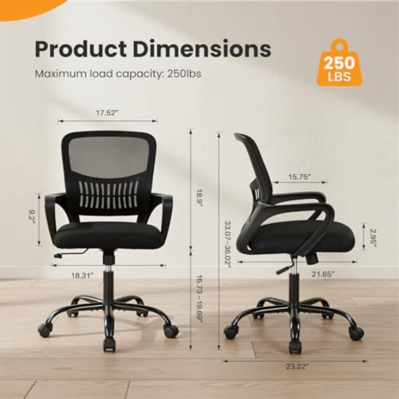 Home Office Managerial Executive Chair, Ergonomic Mesh Adjustable Swivel Mid-Back Computer Desk Chair With Comfortable Lumbar Support, Comfy Arms For Bedroom,Study