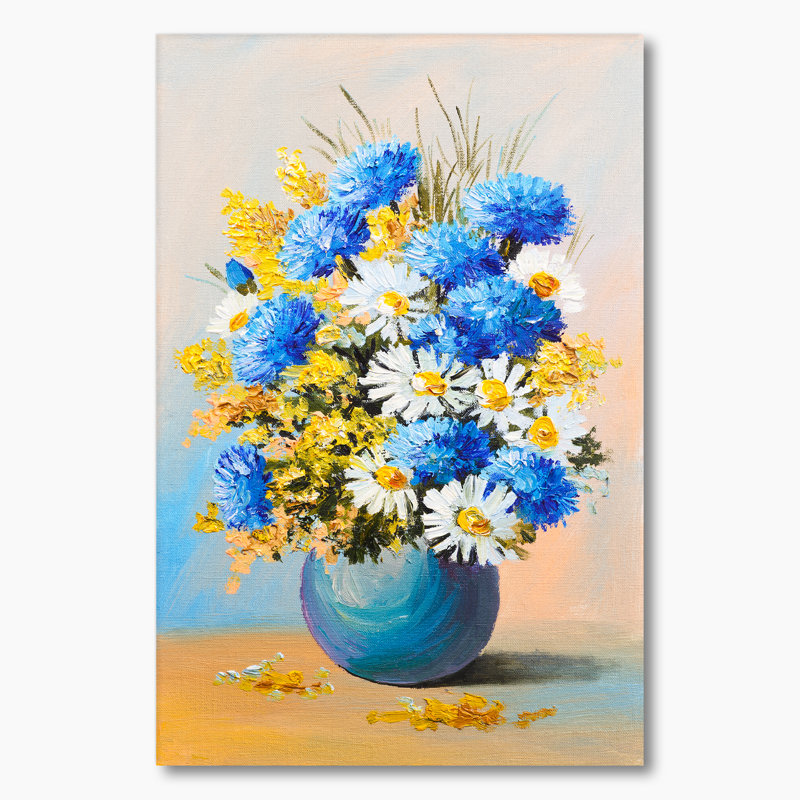 Un bouquet de fleurs bleues - peinture, H 20 po x l 12 po x P 1 po, Toile tendue
