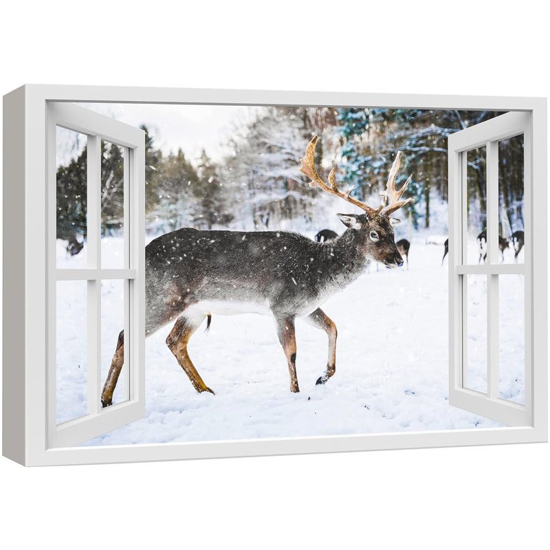 «Window View Rustic Snowy Rustic Winter Moose Deer Forest Nature Scenic Landscape» sur toile, H 24 po x l 36 po
