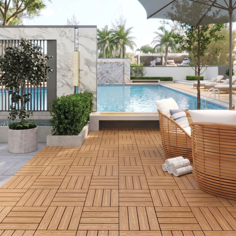 Dalles de terrasse emboîtables en composite bois-plastique (WPC), 30 cm x 30 cm, paquet de 25, dalles de sol de patio à 4 lattes en relief, aspect bois naturel, étanches et drainantes, pour balcon, jardin ou piscine.