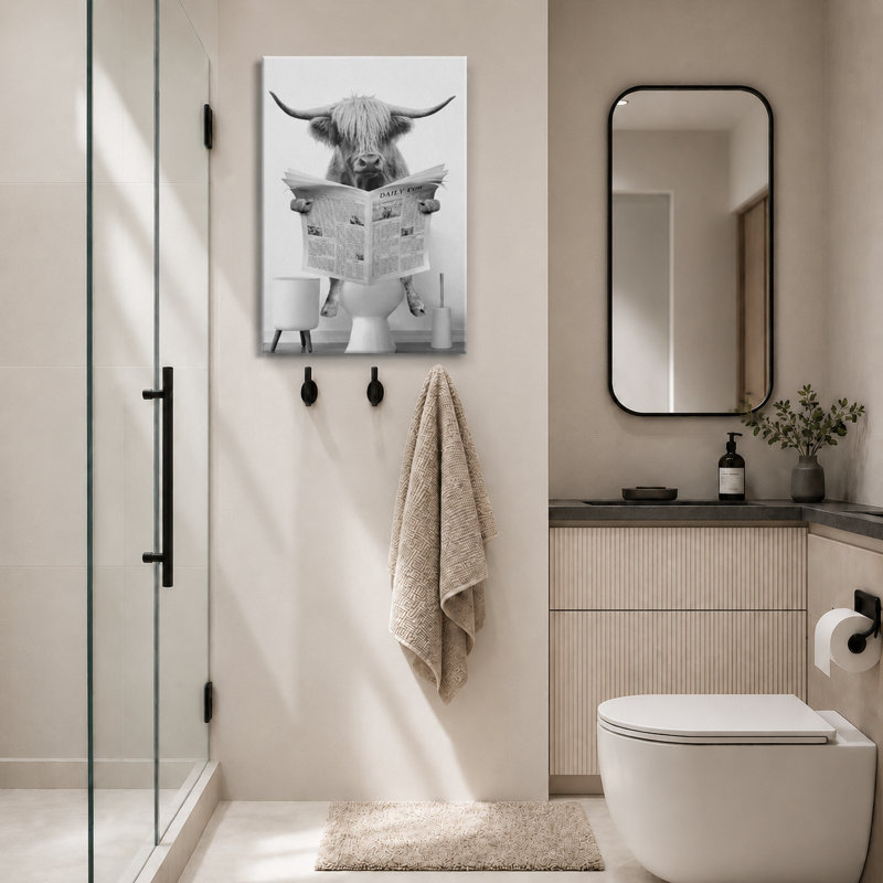 Impression sur toile encadrée, animaux, drôle, salle de bain, vache Highland, Toile tendue, H 18 po x l 12 po, Sans cadre