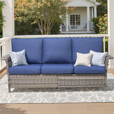 Canapé de patio de 76,7 pouces de large résistant aux intempéries avec coussins bleus pour un confort et un style extérieurs