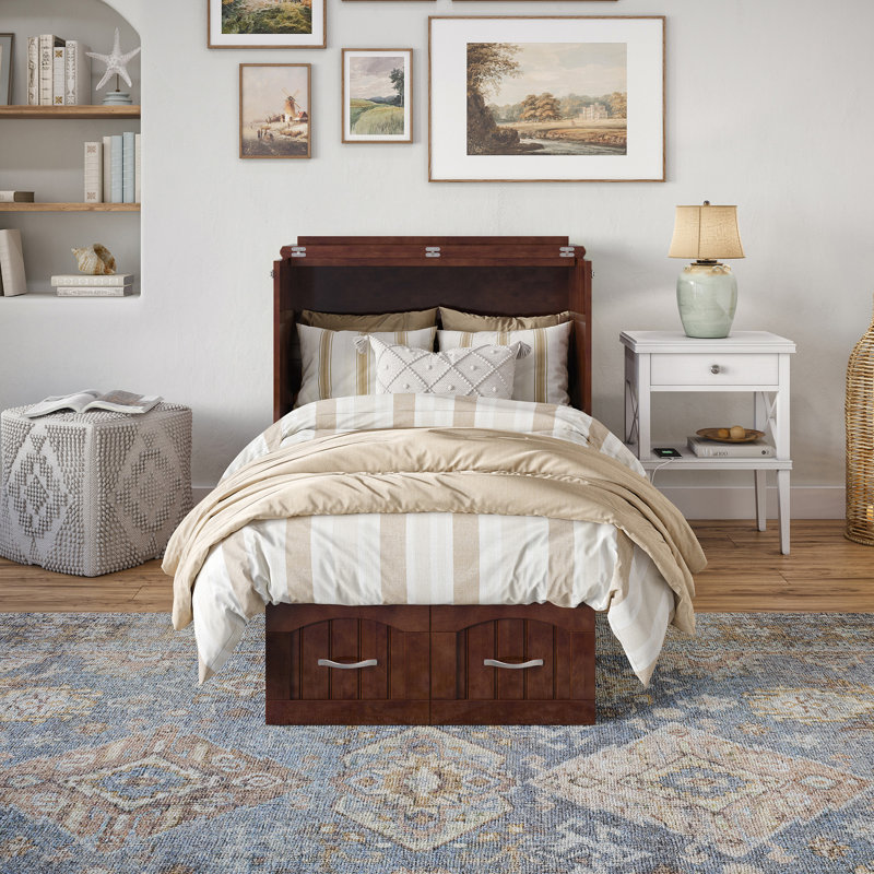 Lit escamotable en bois massif avec station de charge et matelas Kindig, Simple, Noyer