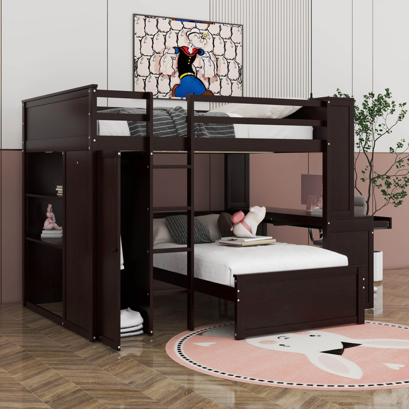 Lit mezzanine double au-dessus de simple avec tiroirs Eleonora Kids, Espresso