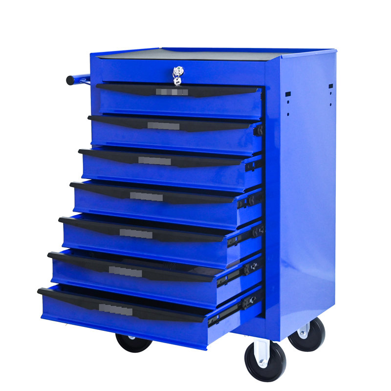 Coffre à outils 7 roulettes en métal, boîte de rangement de 20 po avec glissières à roulement, noir et bleu, 4 2 freins, verrouillable pour un coffre-fort dans un atelier