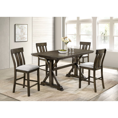 Rectangulaire, salle à manger à hauteur de comptoir de 5 pièces, base robuste en tréteaux, chaises rembourrées, banc, élégance contemporaine, pièce de style, table rectangulaire, base et sièges pour recevoir des proches