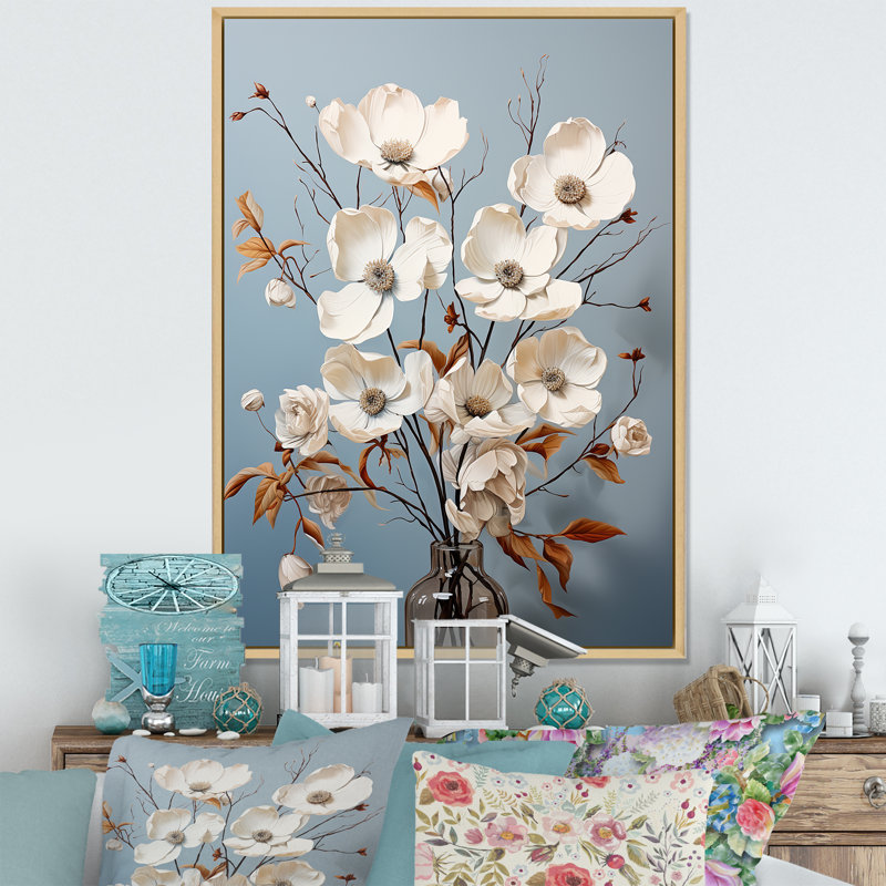 Cornouiller blanc qui fleurit tranquillité sur toile, Cadre naturel flottant, H 32 po x l 24 po x P 1 po