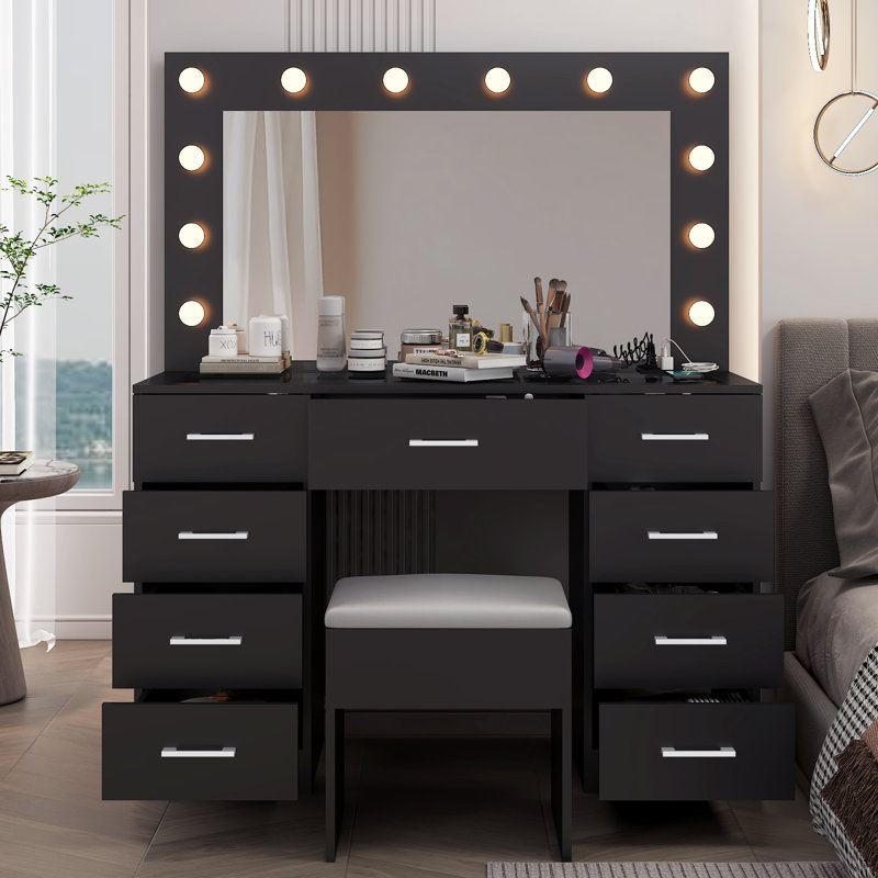 Large Makeup Vanity Set with Lights, USB & Power Outlet,9 Drawers, Black