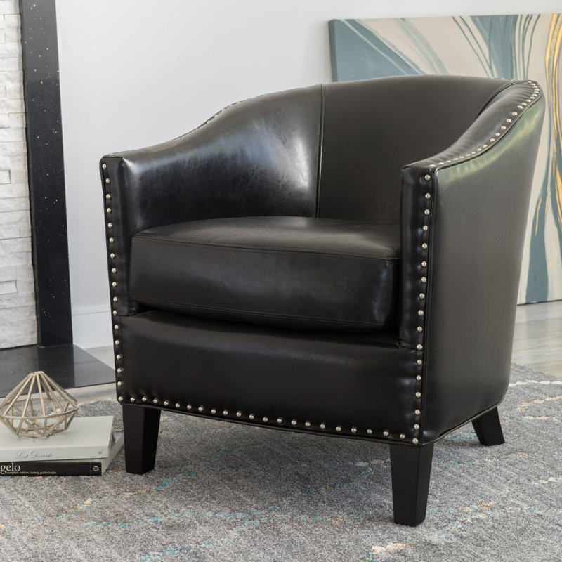 Aous Faux Leather Barrel Chair, Black Faux Leather