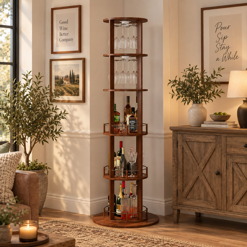 Casier à vin pivotant moderne de 73 pouces et meuble-bar autoportant, Walnut