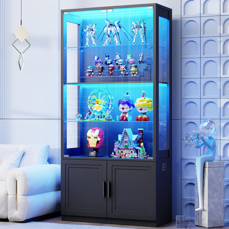 67''Display Cabinet With Glass Doors, 4-tier Curio Cabinet With 2 Removable Glass Shelves, Display Case For Collectibles, Black