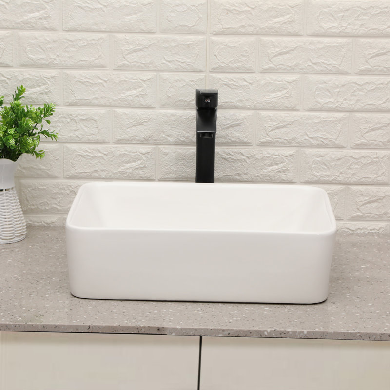 19" L X 15" W White Ceramic Rectangular Vessel Bathroom Sink with Black Faucet Combo
