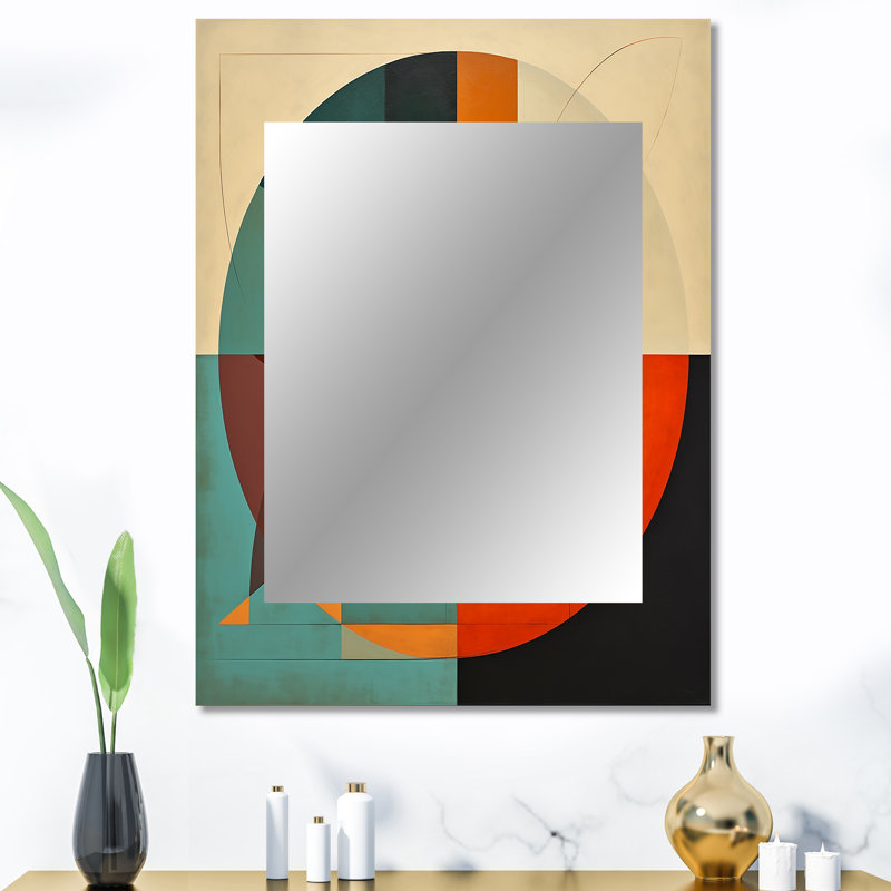 Odyssey Midcentury Retro Abstract Geometrics I - Midcentury Modern Mirror, Beige Unique Wall Mirror, Printed Metal Art