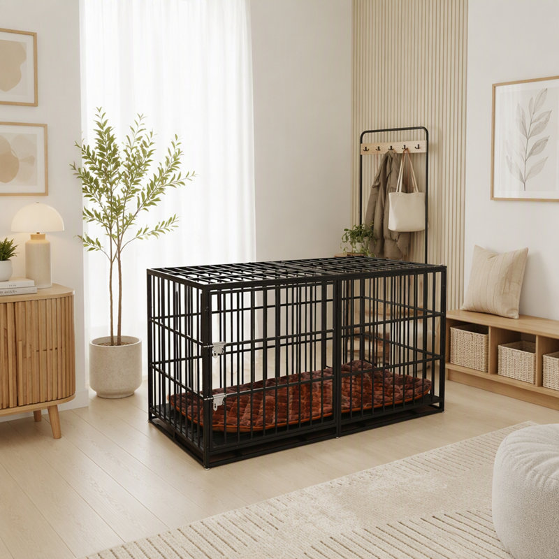 Chenil en métal pour chien avec roulettes et fenêtre à dessus plat et loquets