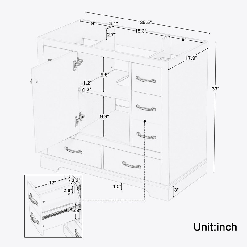 36" Bathroom Vanity without Sink, Cabinet Base Only