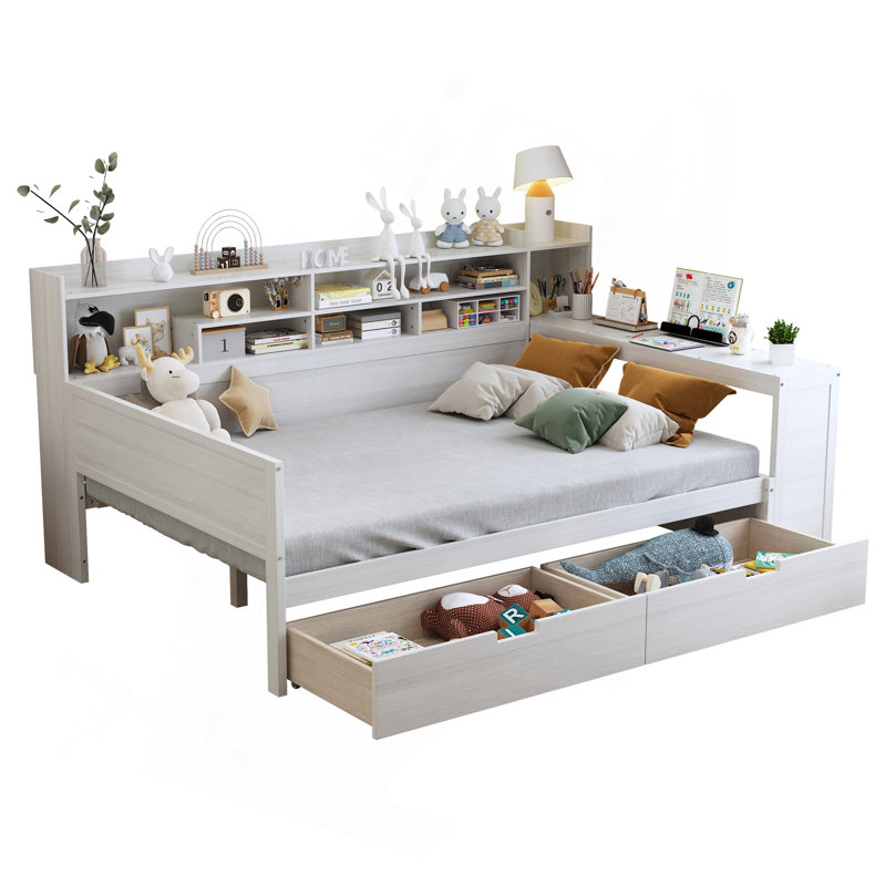 Multifunctional Wooden Daybed With Storage And Study Desk For Space Optimization, Antique White