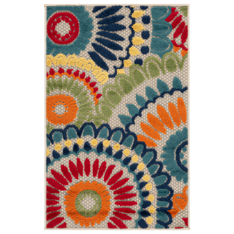 Tapis bleu / ivoire à motif géométrique Dellie, Rectangulaire 2 pi x 3 pi