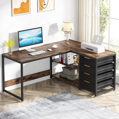 Bureau d'ordinateur en L 59 po avec tiroirs et tablettes de rangement, poste de travail de coin réversible, bureau d'écriture pour bureau à domicile, design industriel brun rustique