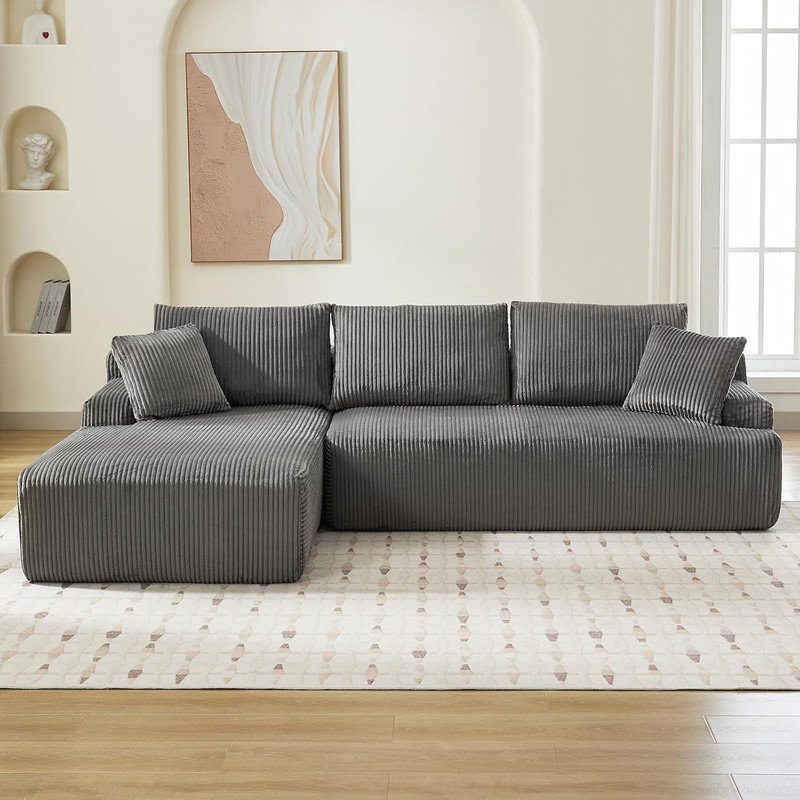 Canapé modulaire de 96 po avec méridienne en L et mousse à mémoire de forme pour salon, sans assemblage, Gris