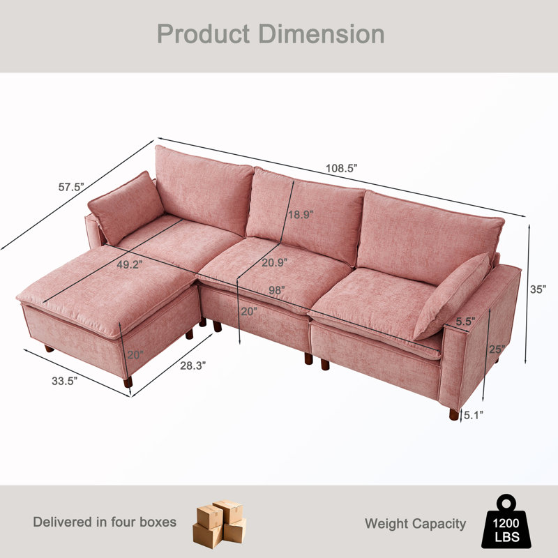 Canapé modulaire en L avec repose-pieds mobile, Chenille rose