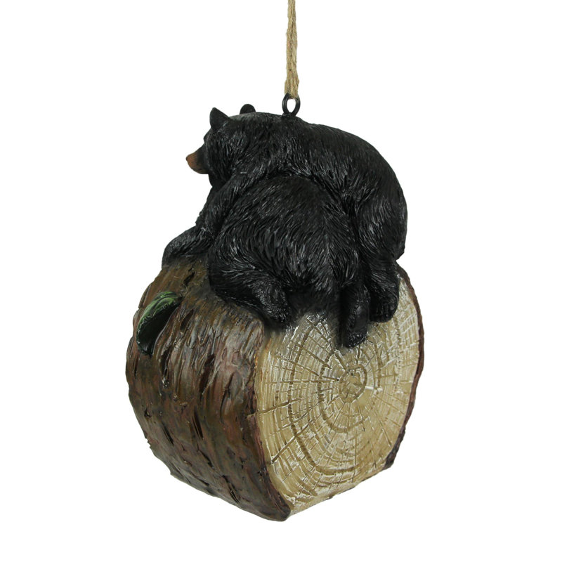 Nichoir suspendu rustique en résine avec motif d'oursons noirs et corde en jute, hauteur 19,7 cm