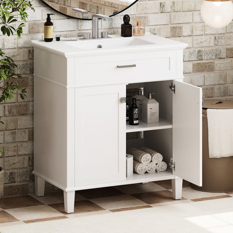 Armoire de salle de bain de 30 pouces: lavabo en céramique, rangement spacieux, meuble-lavabo d'apparence de luxe 30 po avec lavabo - conception charmante. Porte à fermeture douce, tablettes réglables. Étanche, pour la joie