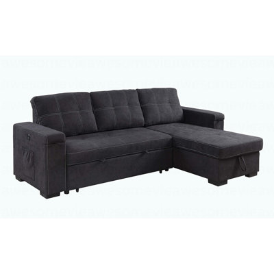 95"W Black Woven Fabric Reversible Sleeper Sectional Sofa With Storage Chaise Cup Holder Charging Ports And Pockets