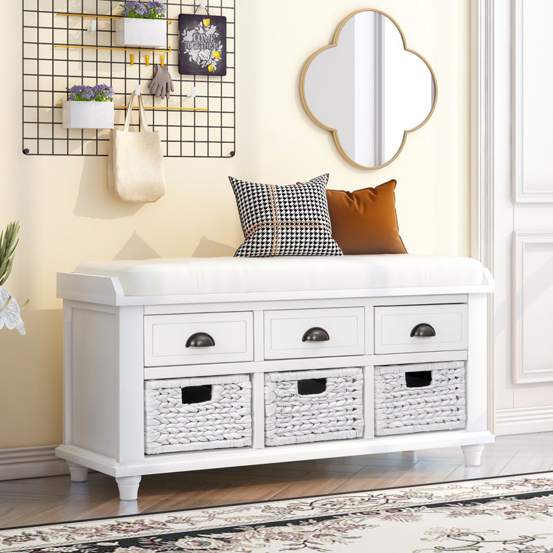 Colleen Upholstered Bench with Drawers, White