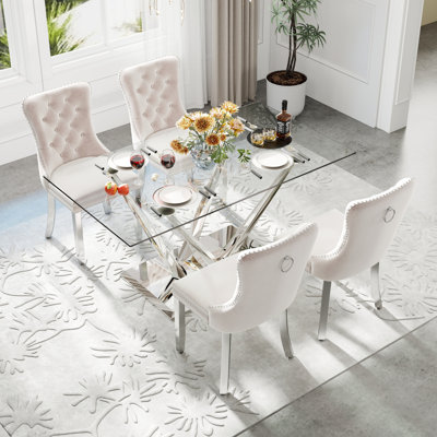 Modern Rectangle Tempered Glass Pedestal Dining Set with Velvet Tufted Dininig Chair
