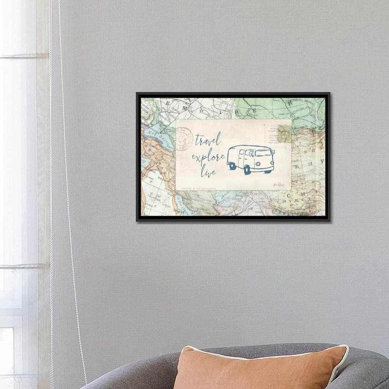 «Travel Posts II», impression sur toile, H 18 po x l 26 po x P 1,5 po, Toile avec cadre noir, Pas de tapis