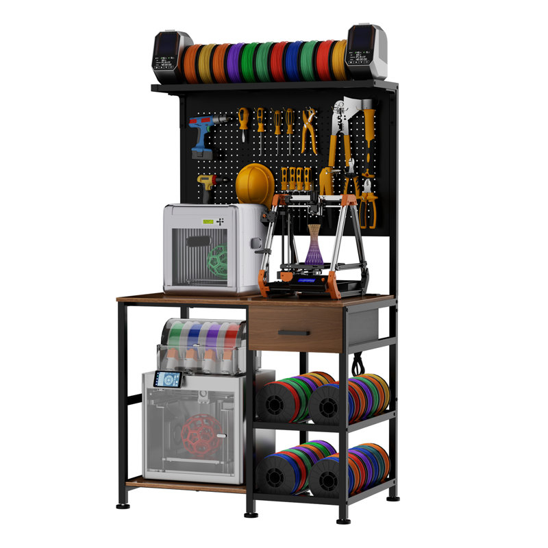 Bureau d'imprimante 3D robuste, bureau surdimensionné de 37,8 pouces, supportant deux imprimantes, prises intégrées et ports USB.