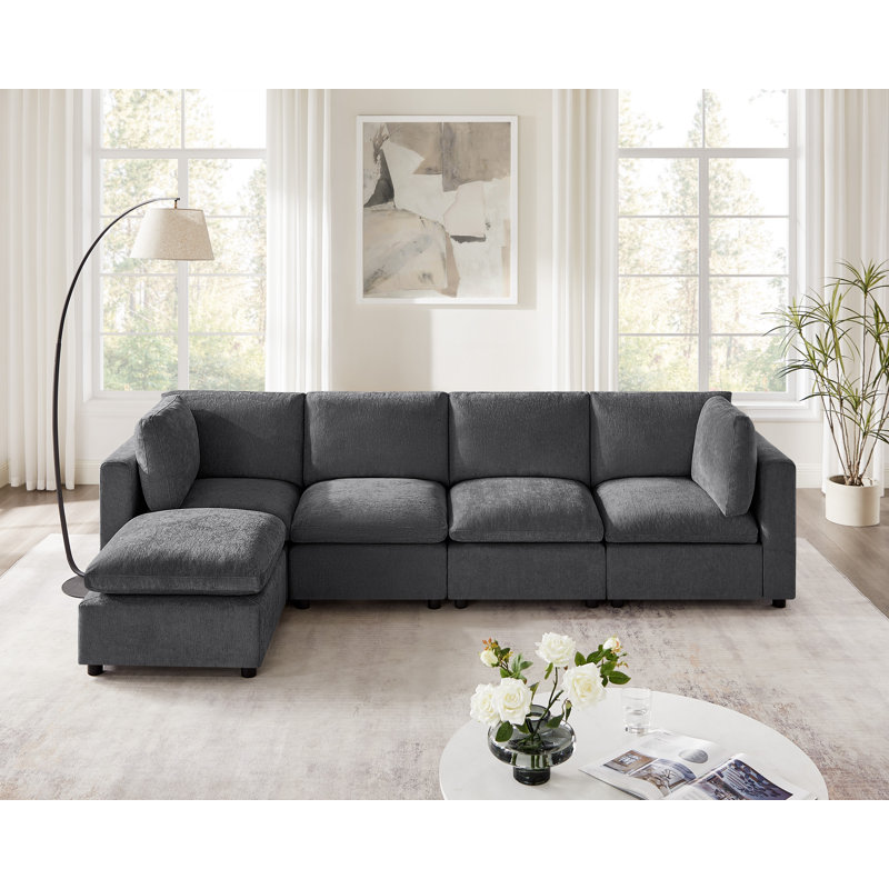 5-Piece L-Shaped Upholstered Sectional, Modular Sofa, Gray Polyester Blend