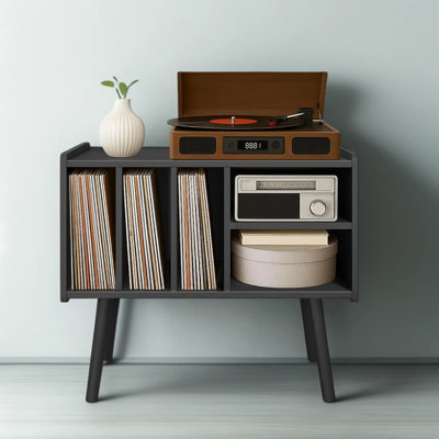 Record Player Stand With Vinyl Storage Cabinet - Mid-Century Modern Turntable Table With 5 Compartments For LP Records And Audio Equipment, Durable Engineered Wood Construction