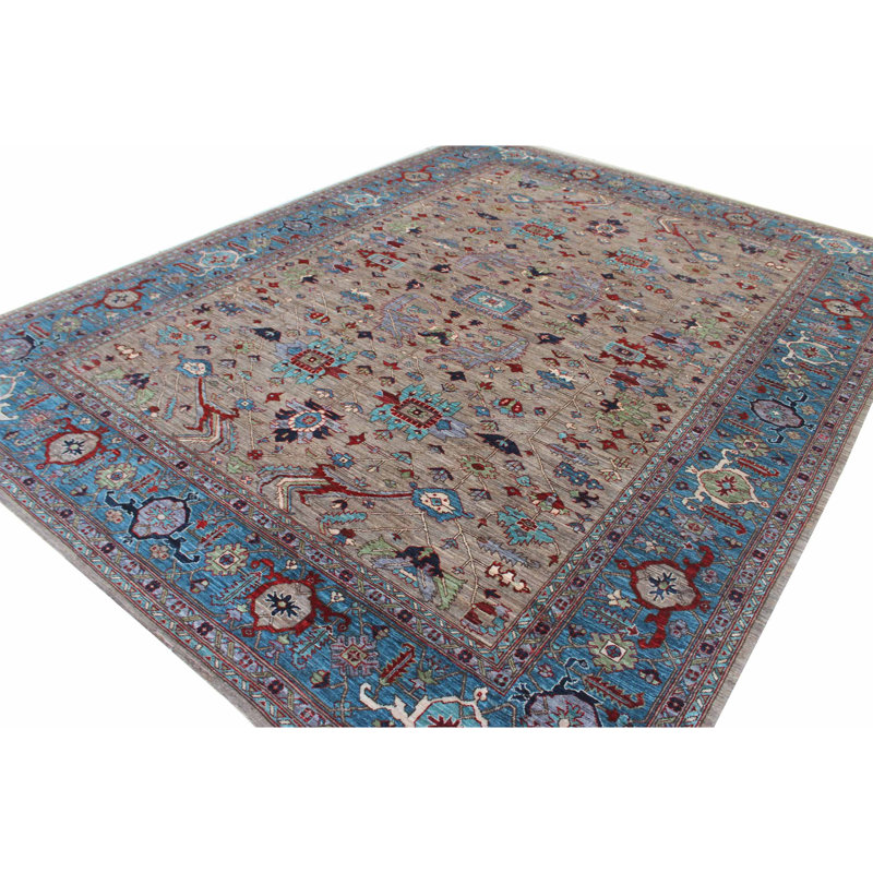 Tapis unique brun, rouge et bleu de 9 pi 1 po x 11 pi 9 po