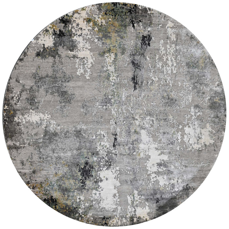 Abstract Area Rug in Black/Gray/Green/Brown, Round 8' x 8'