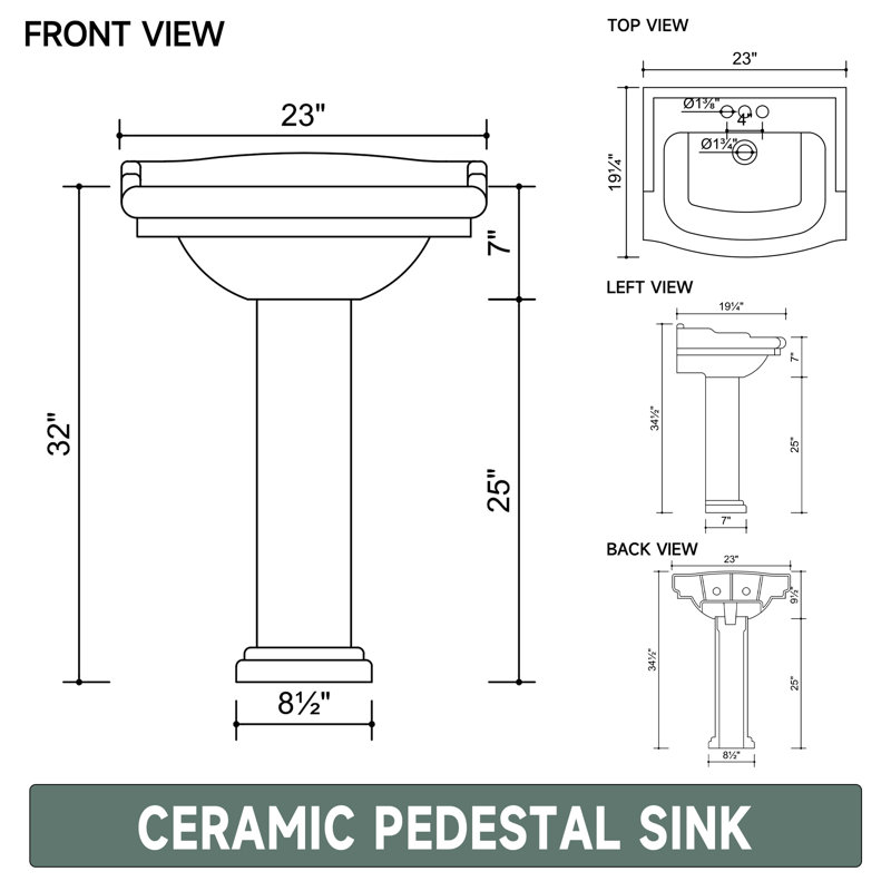 23"W x 19"D Bathroom Pedestal Sink Combo Vitreous China, with Backsplash, 3 Faucet Holes & 1 Overflow Hole, White