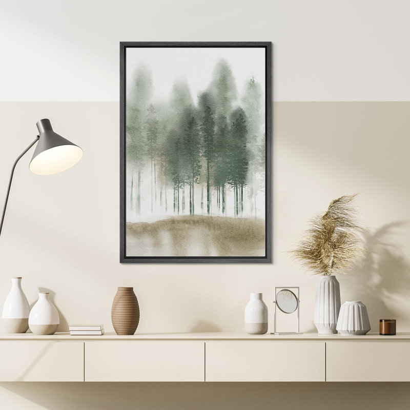 Paysage de forêt Woodland «Green Pastel Watercolor Tree Forest Nature» sur, Cadre flottant noir, H 24 po x l 16 po